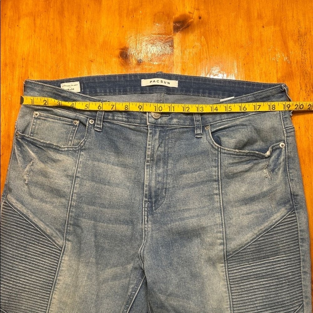 PacSun Stacked Skinny Moto Jeans Mens 36x32 Light Wash Blue Ribbed Biker Denim - Picture 6 of 10